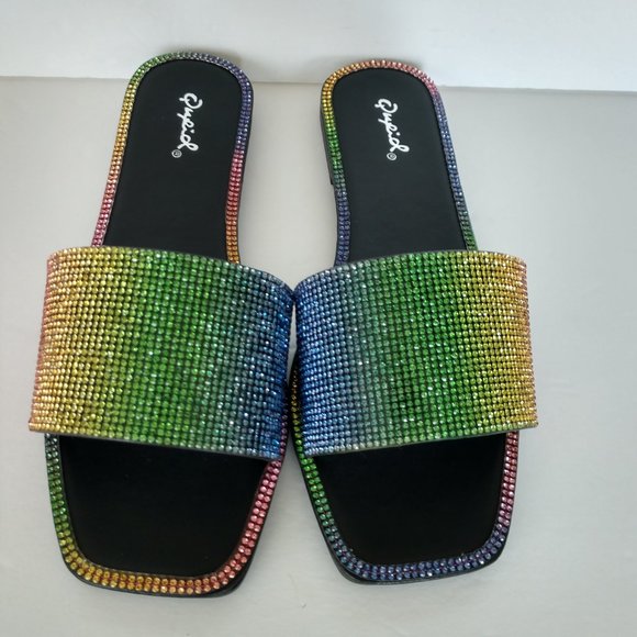 Qupid Rainbow Sandals Rhinestone Slides Various Sizes NIB - Picture 16 of 16